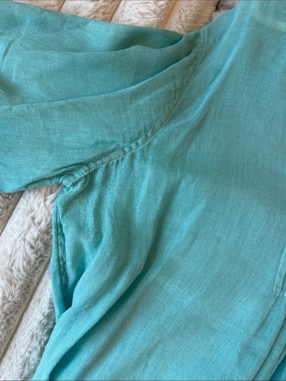 3 Tommy Bahama Linen Button Down Blouses with Ruffle Detail Aqua Coral and Tan - Picture 11 of 15